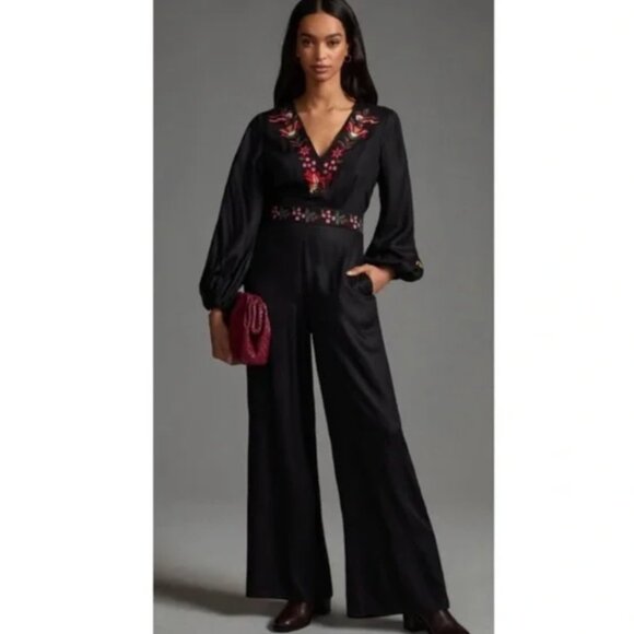 Farm Rio Embroidered Black Jumpsuit with Floral Embroidery Size S - Picture 1 of 5